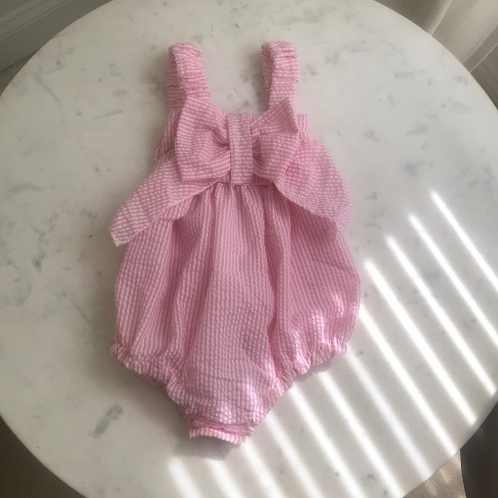 Baby one piece pink and white pinstripe